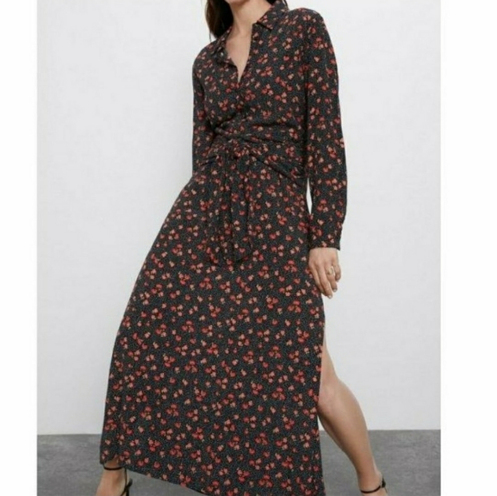 Zara xsmall black polka dot poppies long sleeve boho maxi dress